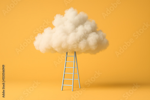 Ladder Reaching a Cloud Against a Yellow Background, a Symbolic and Creative Concept of Aspiration and Dreams