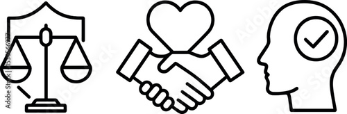 Symbols of justice, partnership, and mindfulness in black outline icons