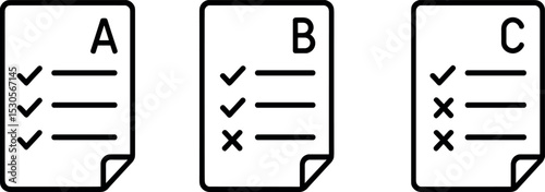 Checklists with correct and incorrect marks on three documents
