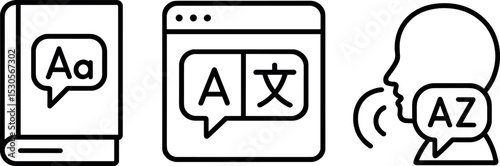 Language learning icons: dictionary, online translation, speech