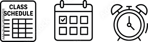 Class schedule, calendar, and alarm clock icons: time management essentials