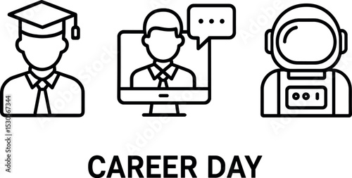 Career day symbols: graduation cap, video conferencing, astronaut suit icons