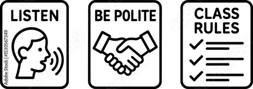 Educational posters with icons for classroom rules and behavior