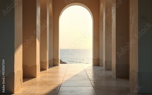 A serene corridor opens to the sea, illuminated by gentle morning light. High quality