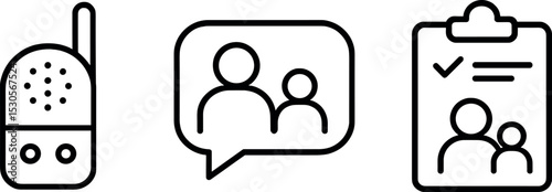 Communication icons: radio, chat, checklist with family symbols