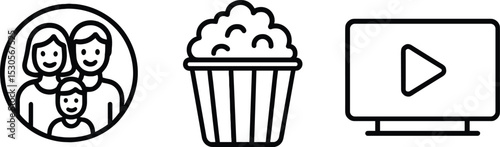 Family movie night icons with family portrait, popcorn, and tv play button