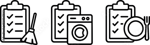 Cleaning checklist icons: broom, washing machine, dishes symbols in black and white