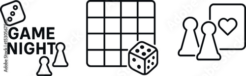 Board game night icons: dice, grid, pawns - fun and entertainment symbols