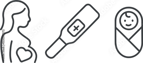 Pregnancy journey: expecting mother, positive test, newborn icon set