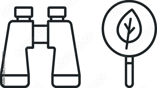 Binoculars and magnifying glass with leaf icon for nature observation and exploration