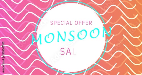 Monsoon big sale promotion banner with up to 50% off 4K advertisement clip. Creative marketing mega sale discount offer on rainy items. Seasons sale template with cartoon text.Promo token coupon card.