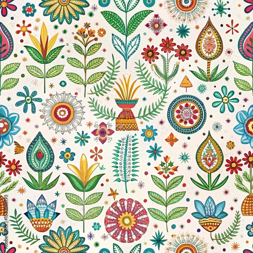 Vibrant floral pattern with stylized flowers, plants, and decorative elements