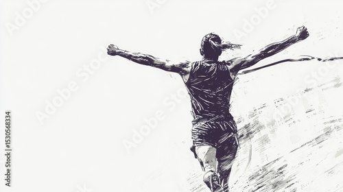 Runner crosses finish line with arms raised in celebration during a race near sunset at a competitive event