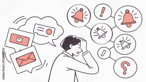 Person overwhelmed by notifications and messages with bell and exclamation point icons around head