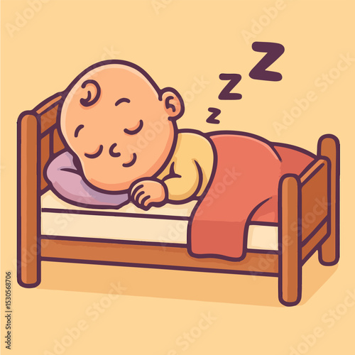 Cute Cartoon Baby Sleeping in Bed with Blanket