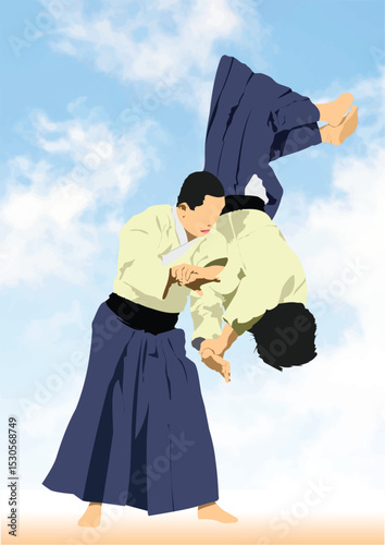 031-42-Two aikido fighters practicing a throw technique under a cloudy sky. Hand drawn illustration