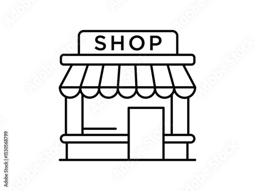 Store Building Icon, Black and White Line Art