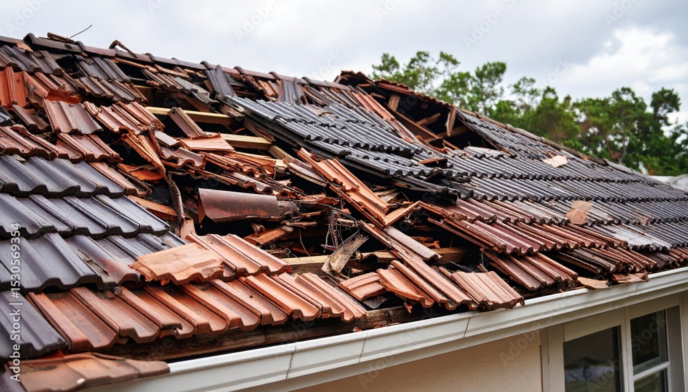 Naklejka premium Damaged roof tiles after storm. Broken construction, building needs repair.