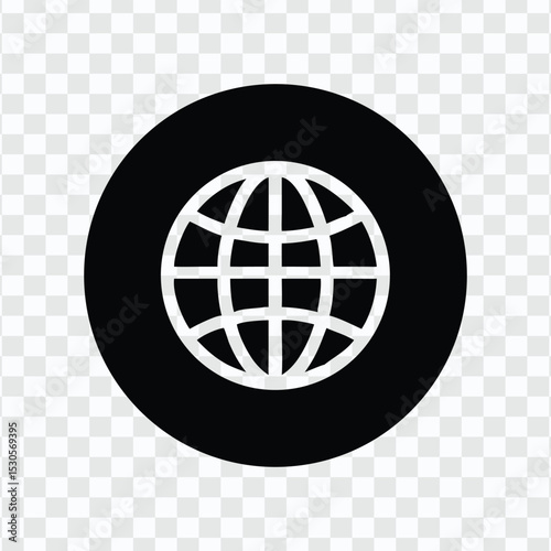Global network symbol with a globe icon inside a circular black background