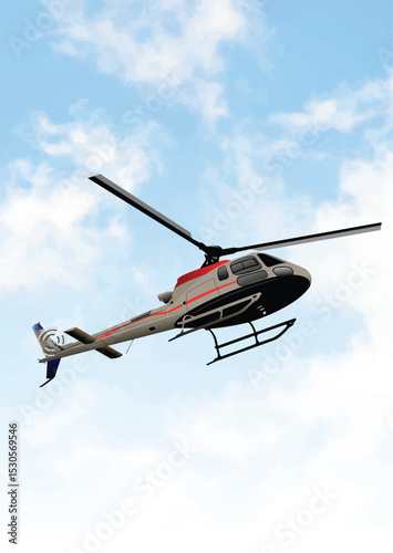 031-50-Modern helicopter flying in a cloudy sky, providing aerial transportation and services. Hand drawn illustration