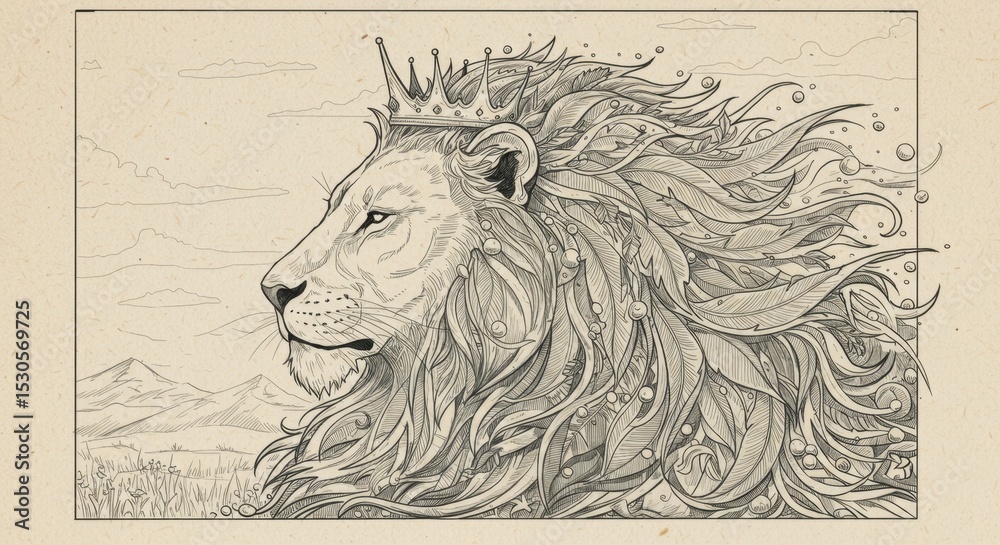 Obraz premium Crowned Lion with Windswept Mane and Closed Eyes