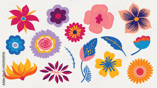 Collection of vibrant hand drawn flowers with various shapes and colors on a light background design