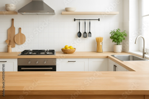 Modern Kitchen Interior with Wooden Countertop, a Stylish and Functional Cooking Space for Contemporary Living photo