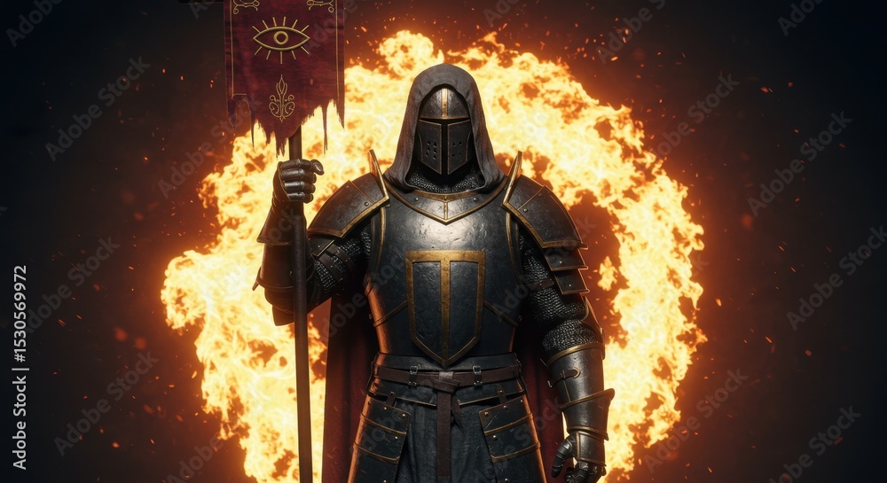 Fototapeta premium Faceless Knight with Banner Before a Circle of Fire
