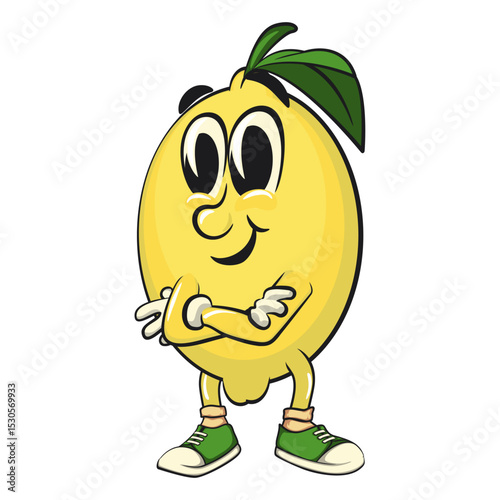 cute lemon mascot cartoon folding his arms calmly, fun citrus character vector for summer, work of hand drawn