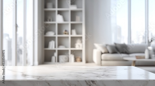 Empty Marble Tabletop In Modern Living Room With City View
