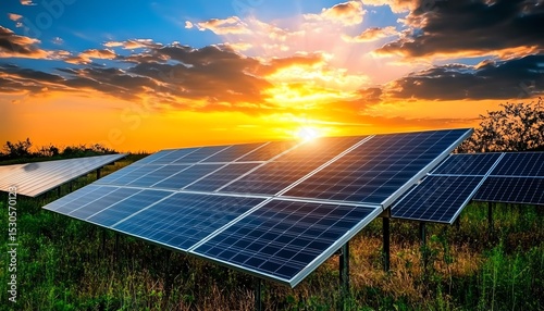 Solar panels under a vibrant sunset sky.