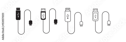 USB cable port icon set. USB type C A lightning and micro usb mobile phone charger vector collection isolated transparent. Plug adapter symbol. Electronic device connector. Smartphone charger sign