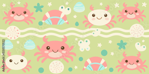 Adorable Crabs and Seashells Cute Ocean Life Pattern Illustration