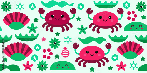Adorable Crab and Sea Life Pattern Cute Ocean Illustration
