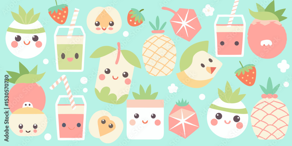 Fototapeta premium Adorable Fruit Juice Box Cartoon Characters A Delightful Collection of Kawaii Illustrations