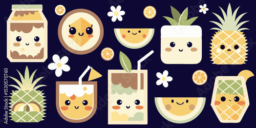 Adorable Kawaii Summer Fruit Drinks and Pineapple Illustration
