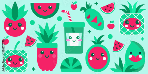 Cute Kawaii Fruits Illustration Watermelon, Pineapple, and More