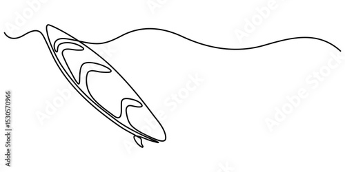 surfboard continuous one line drawing, Continuous one line drawing of surfing longboard design. Surfboard in single line draw illustration. Editable stroke, Single one line drawing Surfboard, surfer. 