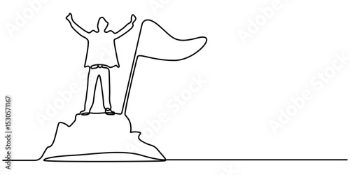 Man mountains continuous one line drawing, Drawing of businesswoman with flag on mountain peak concept for achievement. Single continuous line art style.                                           