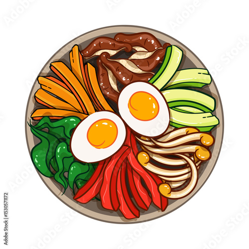 Bibimbap Korean Street Food Illustration Vector. Bibimbap Korean Rice With Mixed Vegetables Icon.
Bibimbap Korean Food Top View Icon. Bibimbap Korean Mixed Rice With Meat And Assorted Vegetables.