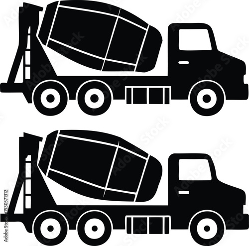 Concrete Mixer Truck Icon Pack – Vector Silhouette of Cement Construction Vehicles for Infrastructure, Roadwork, Industrial, and Building Transport