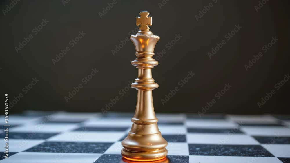 Golden chess king piece on a checkered board background.