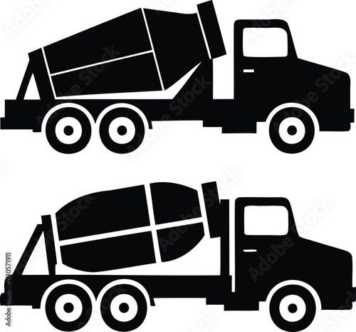 Cement Mixer Truck Icon – Silhouette Vector of Heavy Construction Vehicles for Industrial, Concrete Delivery, Road Work, and Building Projects