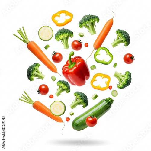 Multicolored fresh vegetables falling isolated on white
