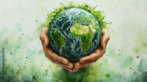 Environmental protection concept watercolor style illustration with hands holding a green globe, soft blue and green colors blending into a symbolic environmental poster.