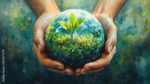 Environmental protection concept watercolor style illustration with hands holding a green globe, soft blue and green colors blending into a symbolic environmental poster.