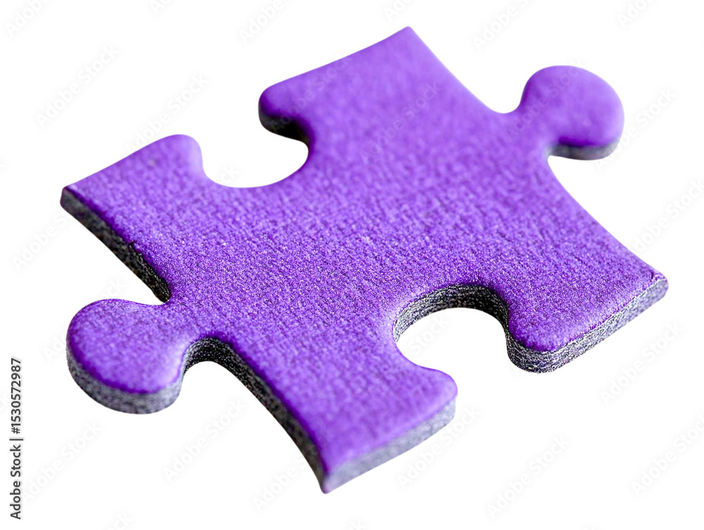 Obraz premium Single purple jigsaw puzzle piece isolated, transparent background, close-up view