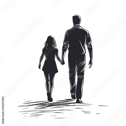 Father and daughter black silhouette on white background. Man walking with child girl hand in hand. Fatherhood, parenthood, father's day. Abstract image of father and child, vector graphics