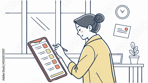 Illustration of woman using a tablet near window with clock and plant on table in background design