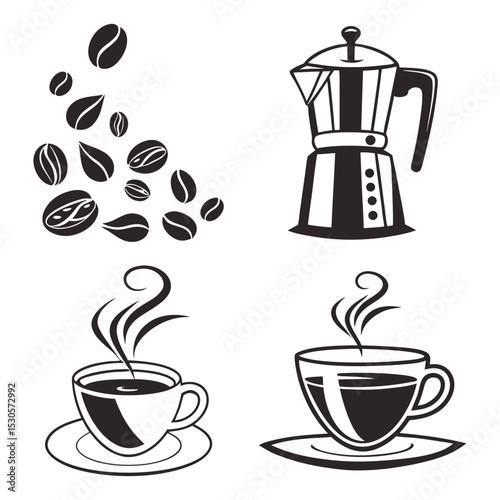 Coffee beans moka pot and coffee cups illustration